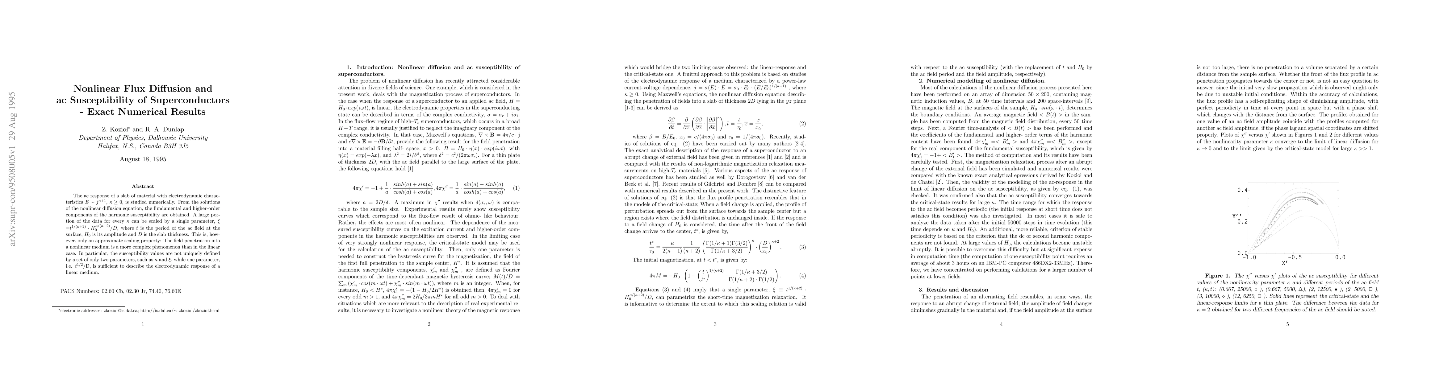 Thumbnail for Nonlinear Flux Diffusion and ac Susceptibility of Superconductors -
  Exact Numerical Results