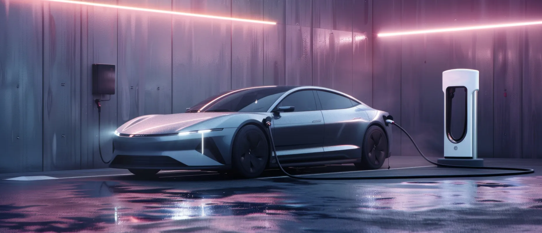 Elektroauto Ein silbernes Elektroauto steht nachts auf einem Ladeplatz, verbunden mit einer Station, während die Scheinwerfer an sind.