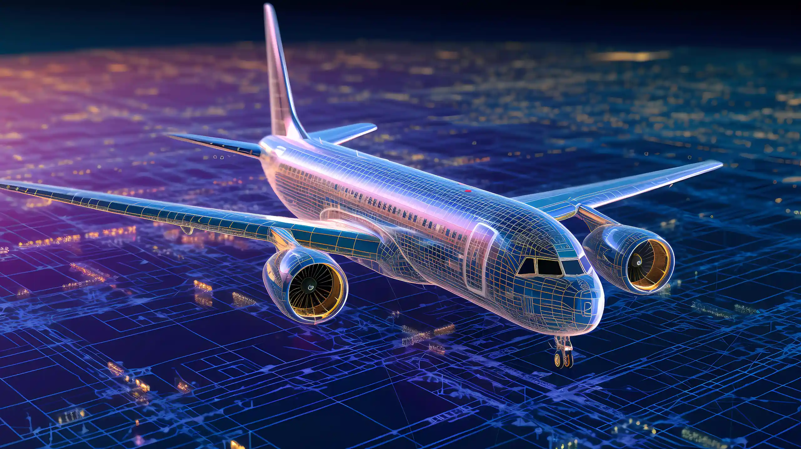 Aerospace 3D-Drahtgittermodell eines Flugzeugs auf technischem Hintergrund.