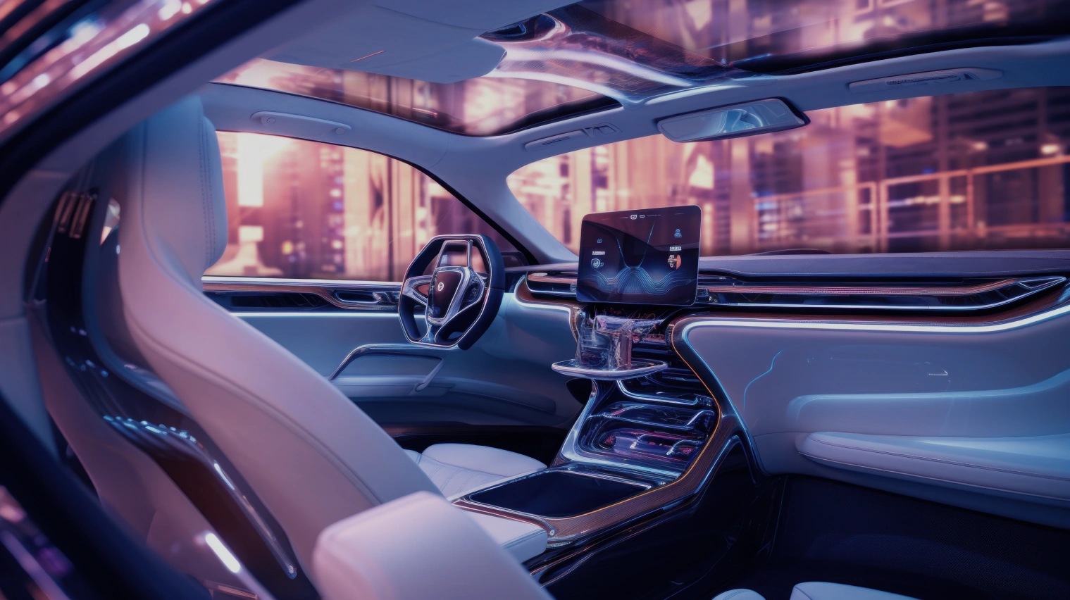 Automotive Blick in ein modernes E-Auto mit intelligenter Technologie und Entertainmentsystem