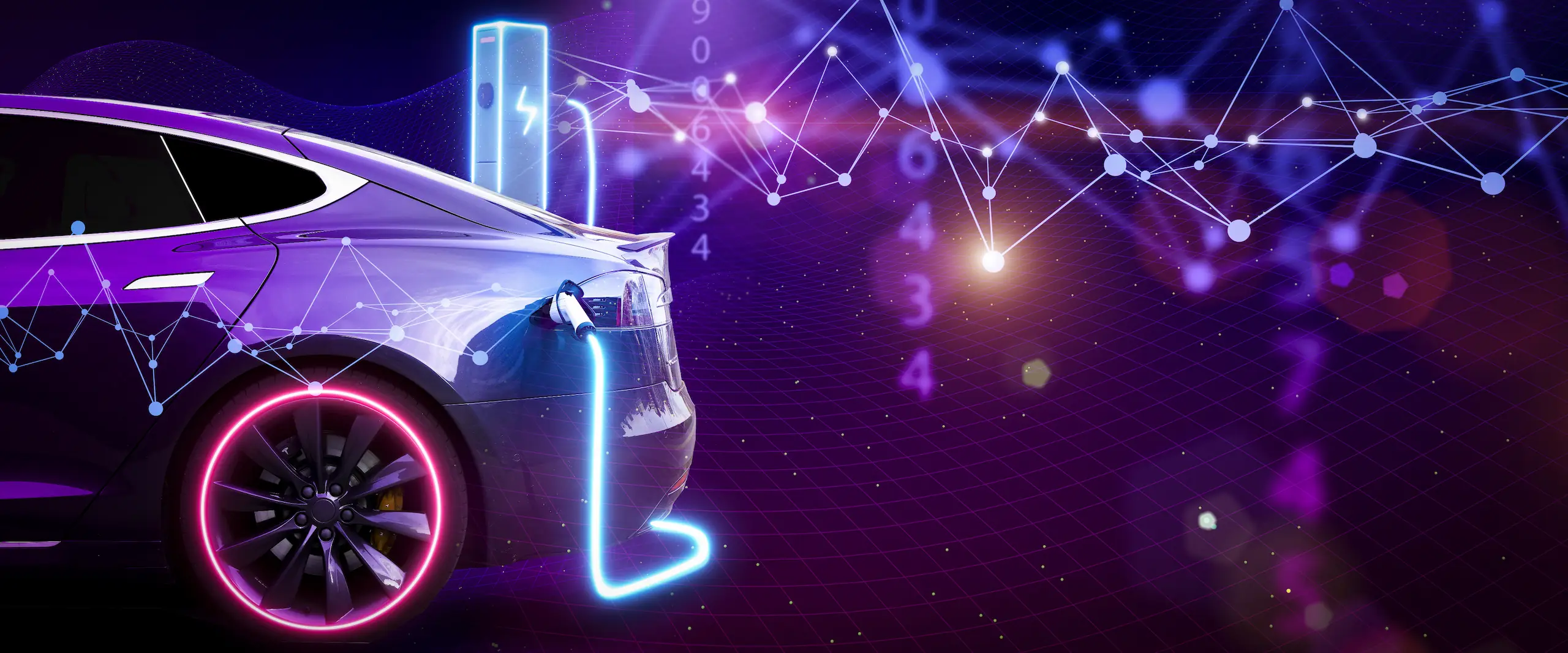 Elektrotechnik & Elektroindustrie Abstraktes Netzwerk aus leuchtenden Punkten und Linien mit Zahlen, im Vordergrund Teil eines Elektroautos.
