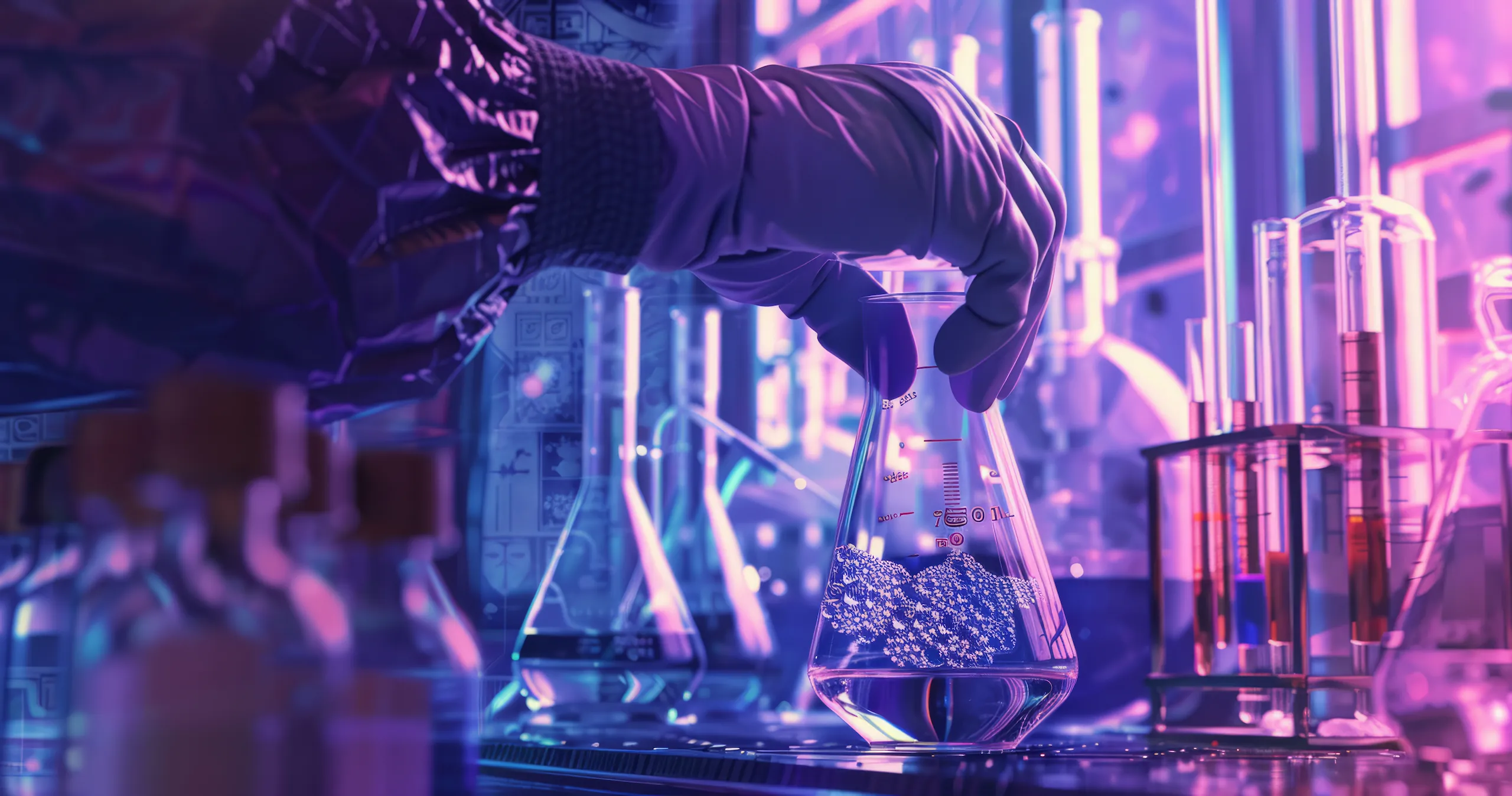 Wissenschaft & Forschung Behandschuhte Hand hält einen Erlenmeyerkolben mit Flüssigkeit im Labor.