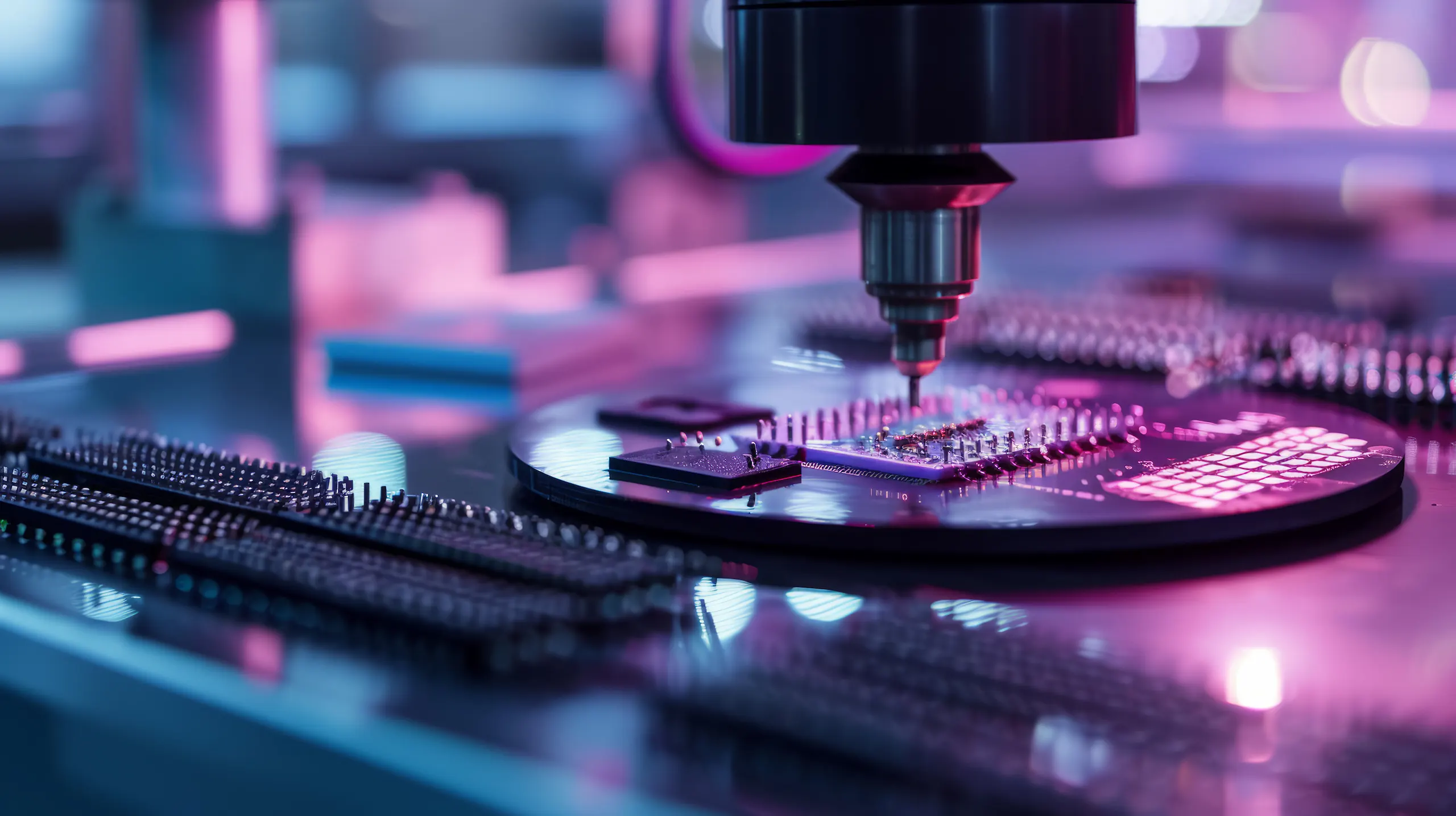 Halbleiterindustrie CNC-Fräsmaschine bearbeitet eine Leiterplatte in Nahaufnahme.