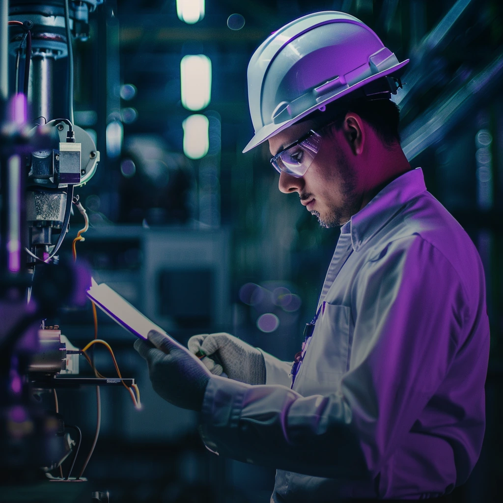 Maschinenbau Ingenieur mit Schutzhelm und Schutzbrille liest Dokument in einer Fabrikhalle.