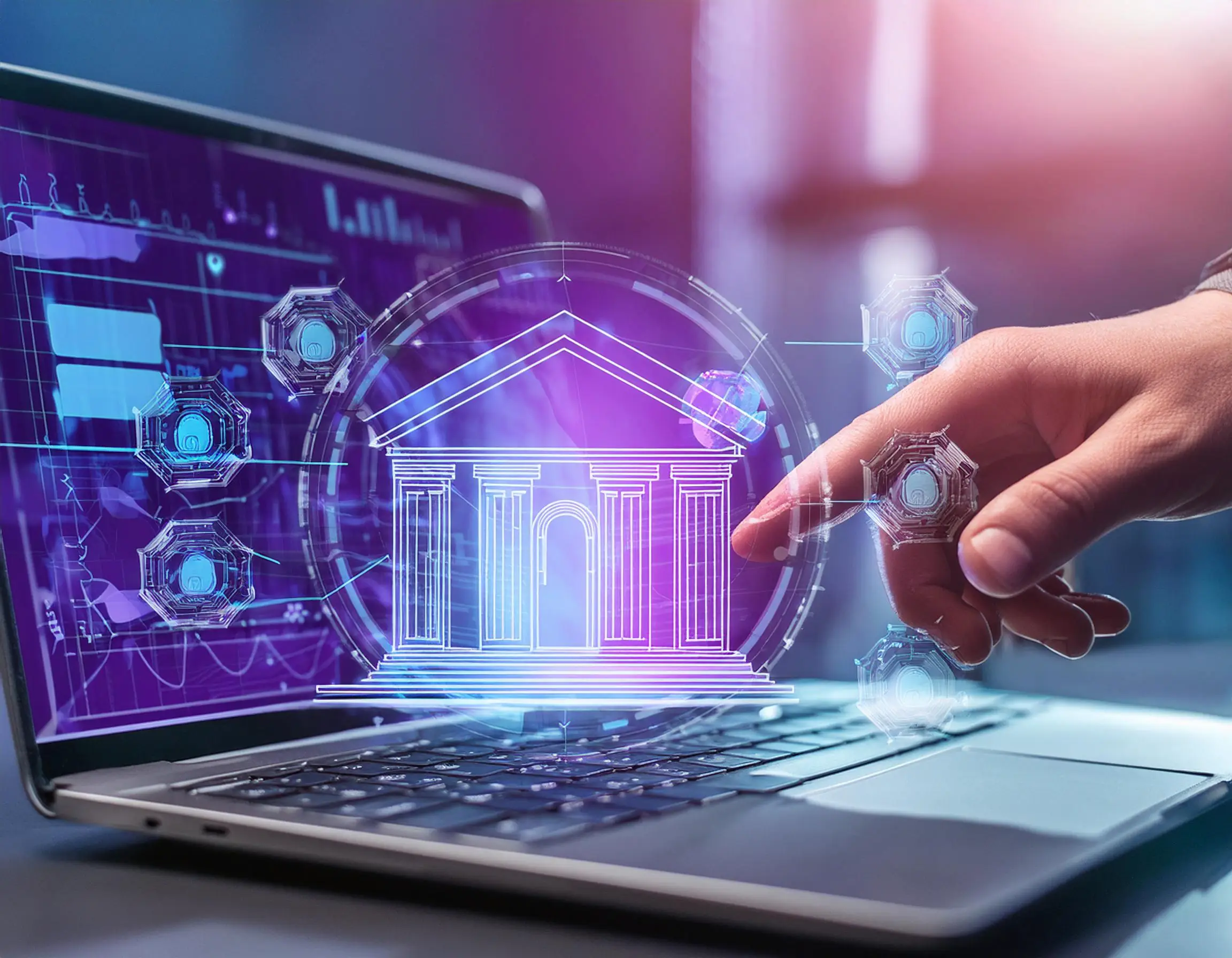 Öffentlicher Sektor Digitale Illustration eines Regierungsgebäudes mit futuristischer Hologrammtechnologie, Hand tippt auf einem Laptop.