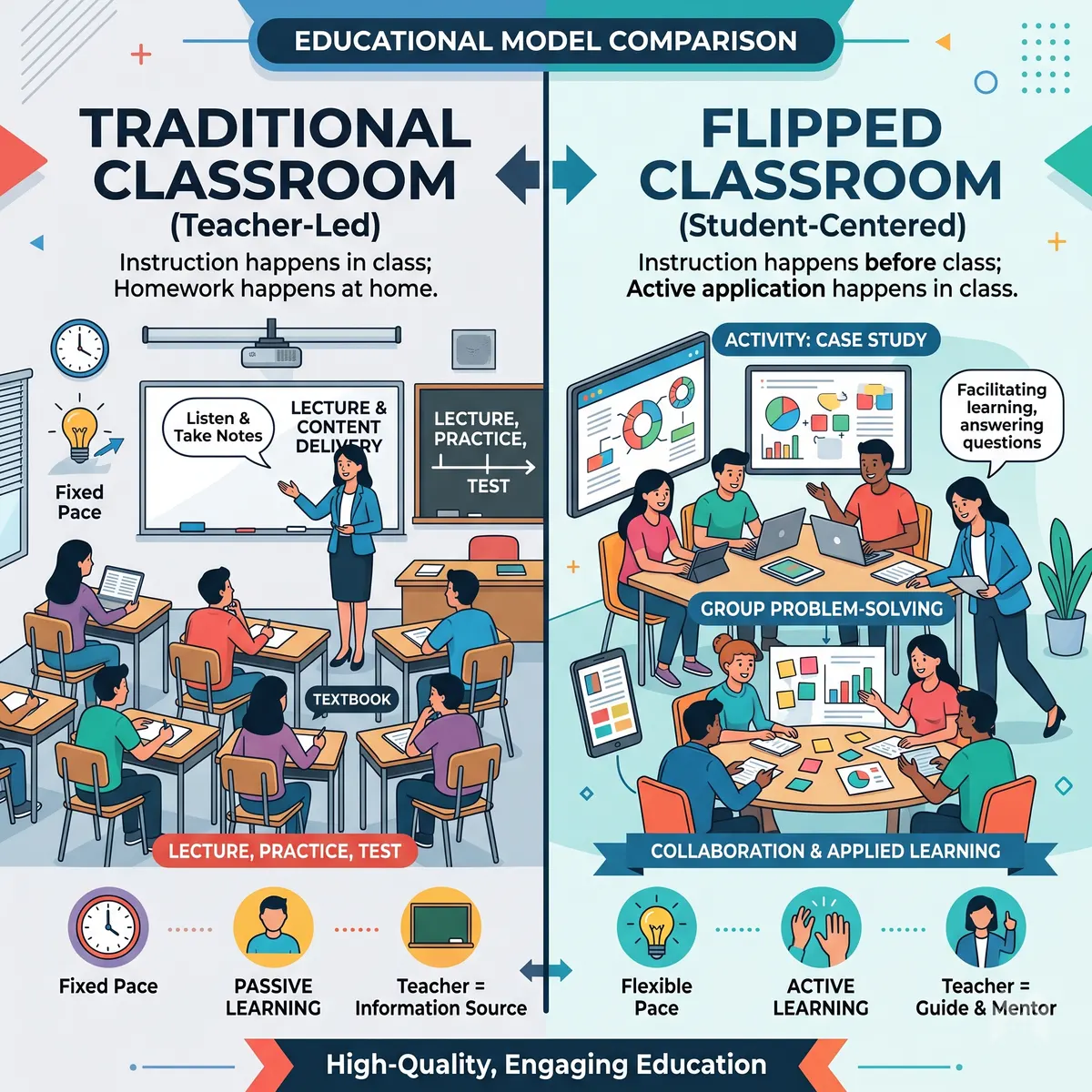 Split-screen infographic comparing Traditional Classroom versus Flipped Classroo