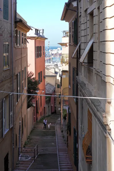 Picturesque panoramic view of Genoa, Italy, showing the harbor with cargo ships and yachts, and the city with characteristic roofs and domes.