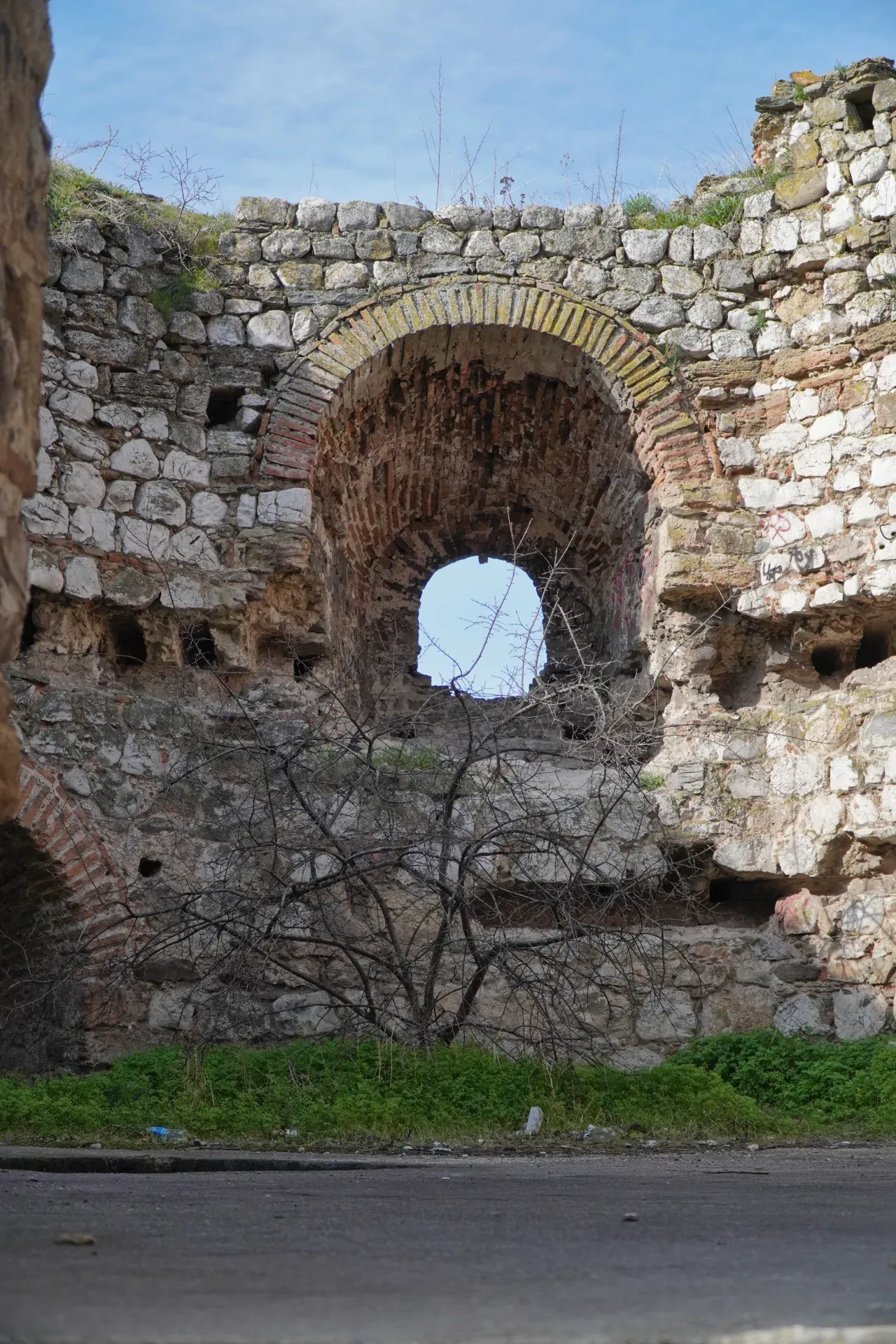 Antike Steinmauern der Smederevo-Festung mit einem offenen Torbogenfenster, durch das der Himmel zu sehen ist, und einem kahlen Baum, der davor wächst.