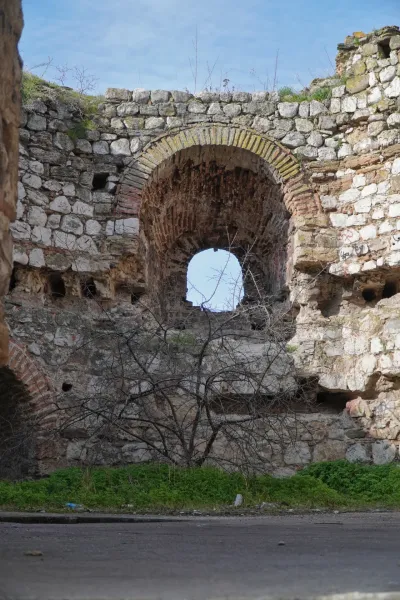Antiguos muros de piedra de la Fortaleza de Smederevo con una ventana arqueada abierta que muestra el cielo, y un árbol desnudo creciendo frente a ella.