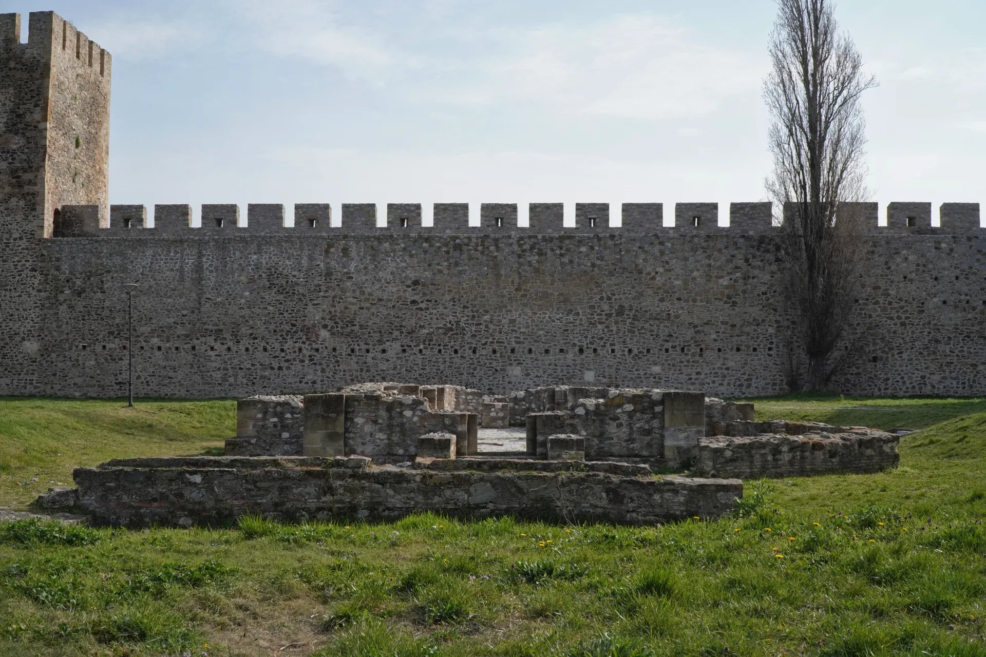 Les vestiges d'un complexe sacré dans la forteresse de Smederevo, Serbie, devant un mur de pierre massif et un grand arbre.