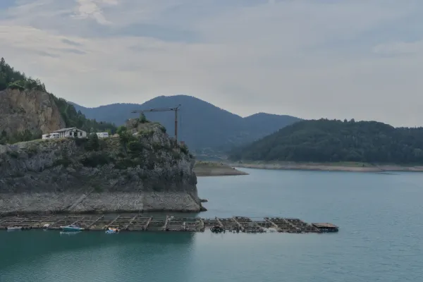 Širok pogled na Jezero Zaovine u Srbiji, sa nizom ribnjaka u vodi i dizalicom i zgradama na stenovitom grebenu u pozadini, okruženo blagim, šumovitim brdima.