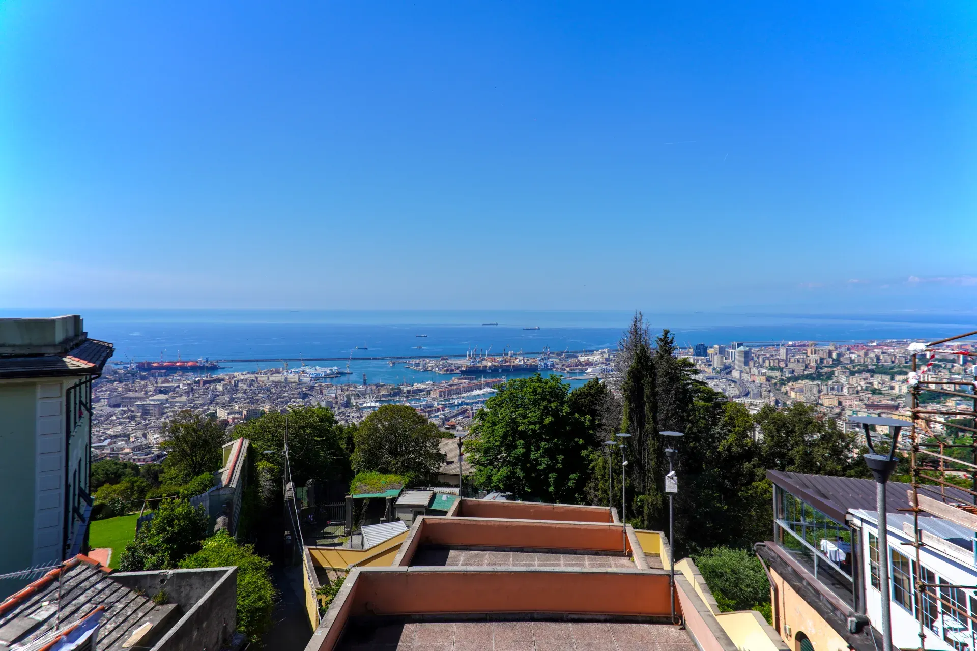 View of Genoa's port and the Mediterranean Sea from the Righi lookout.
