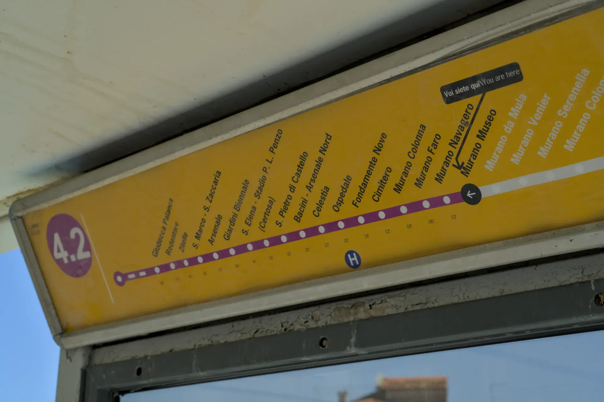 Vaporetto line 4.2 timetable to Murano, Murano Island, Venice.