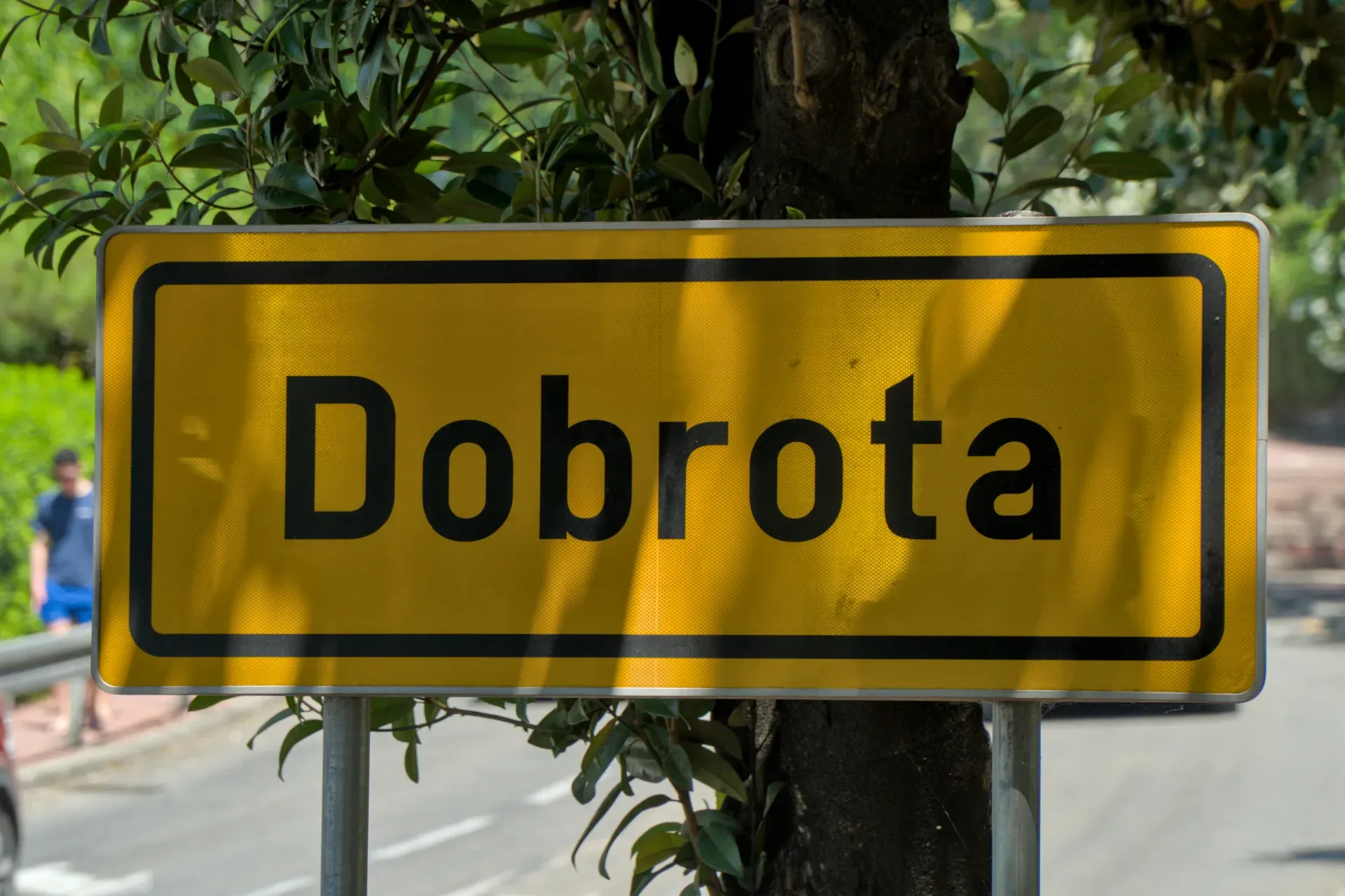 Gelbes Ortsschild mit der Aufschrift 'Dobrota' in schwarzer Schrift, umgeben von grünen Blättern.