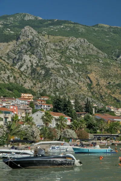 Baia di Kotor, Montenegro, con montagne ripide, alberi in fiore e barche sull'acqua, scattata in formato verticale.