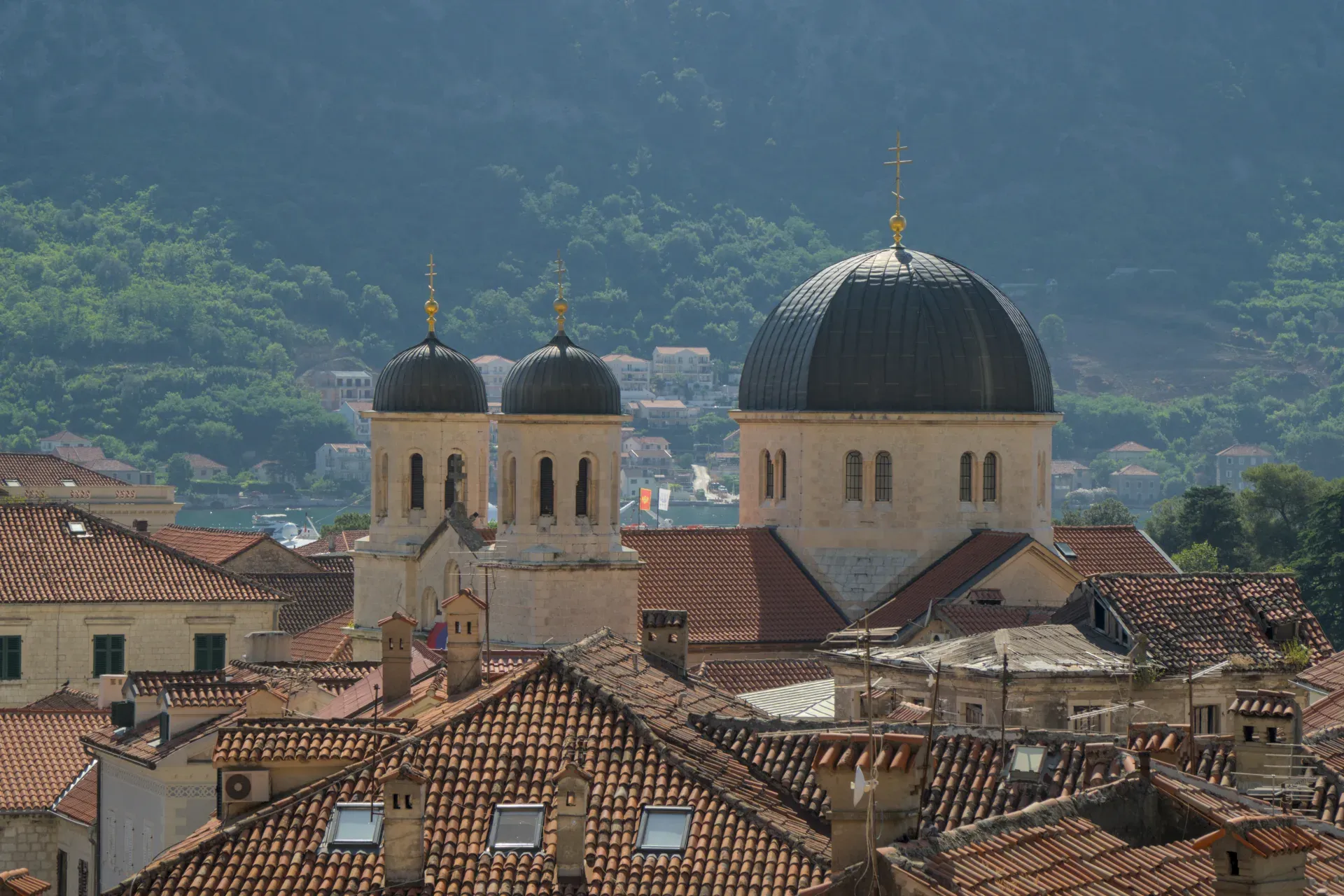 Overview of Kotor's terracotta rooftops with Orthodox church domes in the background, captured in bright daylight.