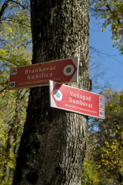 Wegweiser auf einem Baum, die auf "Brankovac Kobilica" und "Vodopad Dumbovac" in Fruška hinweisen, im Herbstlicht.