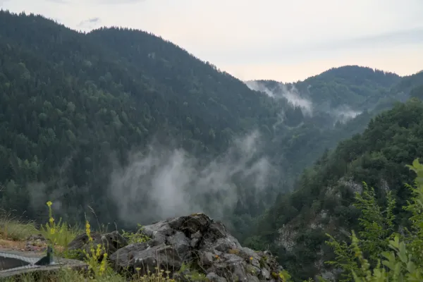 Jutarnja magla u planinama diže se iznad Zaovinskog jezera u Nacionalnom parku Tara, Srbija.