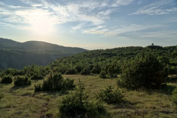 Luce serale sulle verdi colline e gole di Uvac, Serbia.