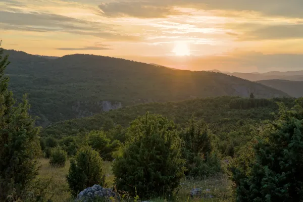 Landschaftspanorama von Uvac, Serbien, mit sanften Hügeln und üppiger Vegetation, beleuchtet vom warmen Licht des Sonnenuntergangs.