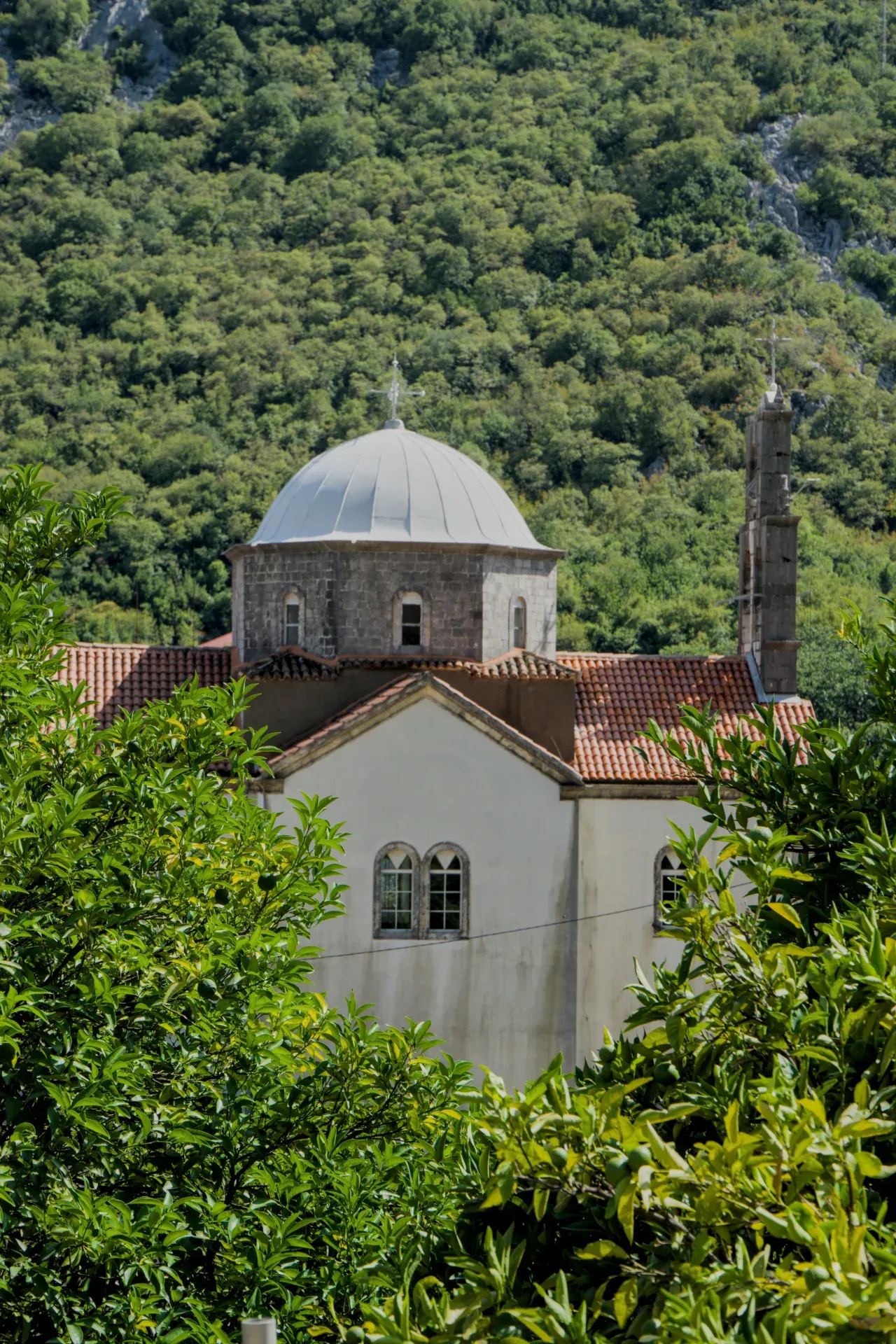 Une église sur une montagne à Morinj, Monténégro, entourée d'un feuillage vert dense.