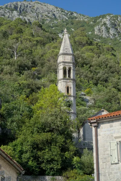 Un campanile in pietra emerge da una lussureggiante vegetazione verde, con pendii rocciosi sullo sfondo, in una sera limpida a Perast.