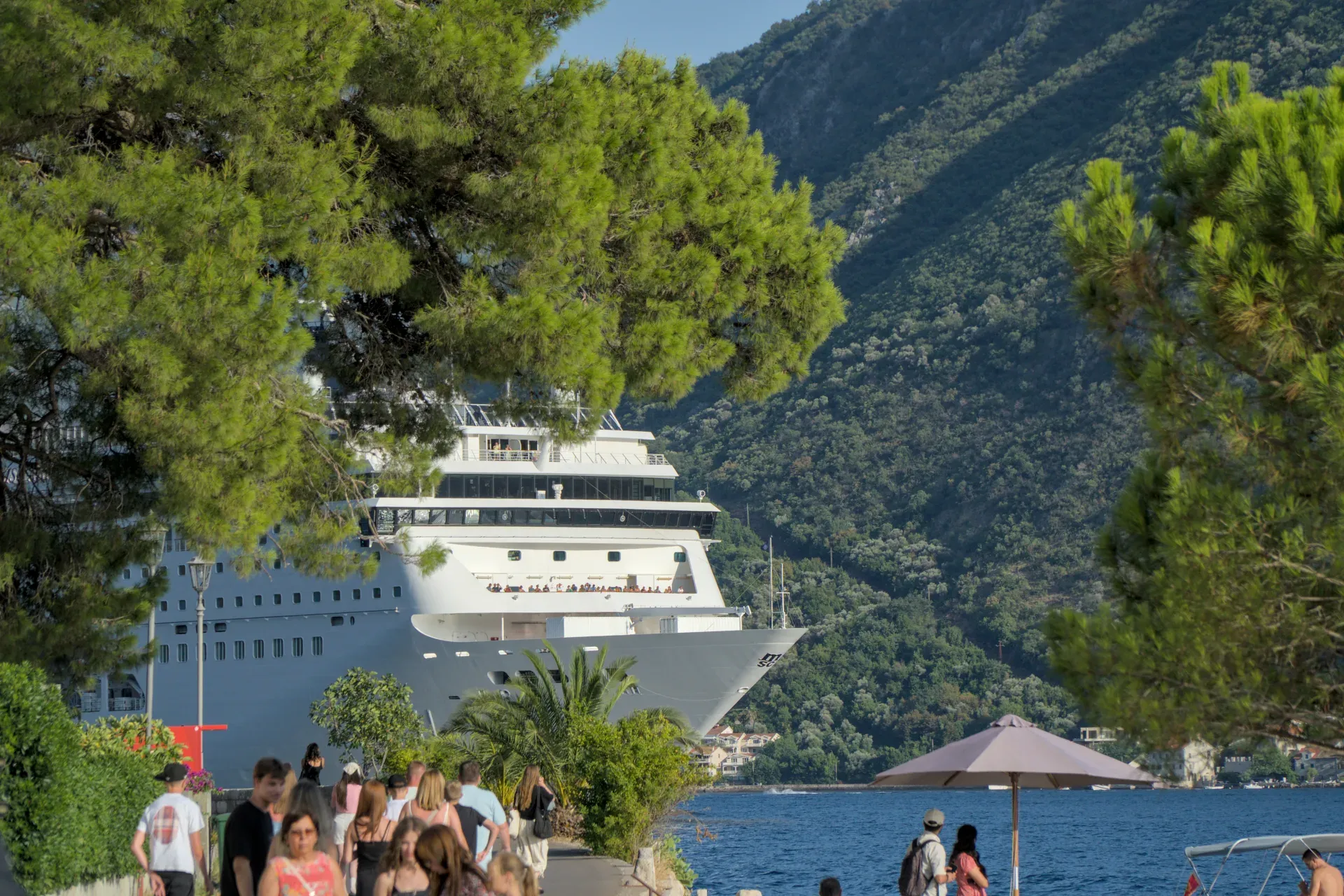 Ein riesiger Kreuzer verlässt die Bucht von Kotor, mit grünen Bäumen und Menschen am Ufer im Vordergrund.