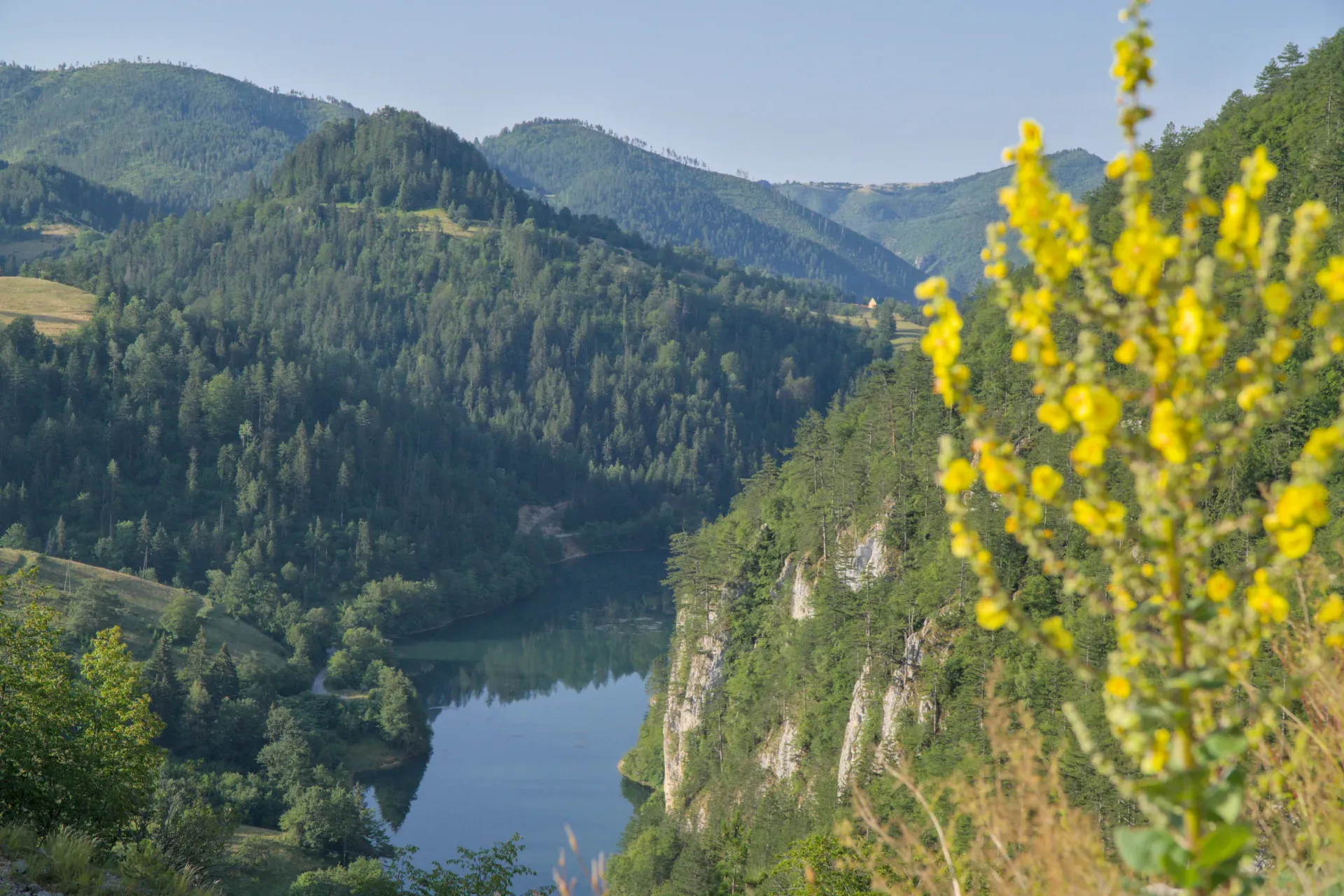 Lago Spaiic, Serbia, circondato da scogliere rocciose e prati montani verdi.