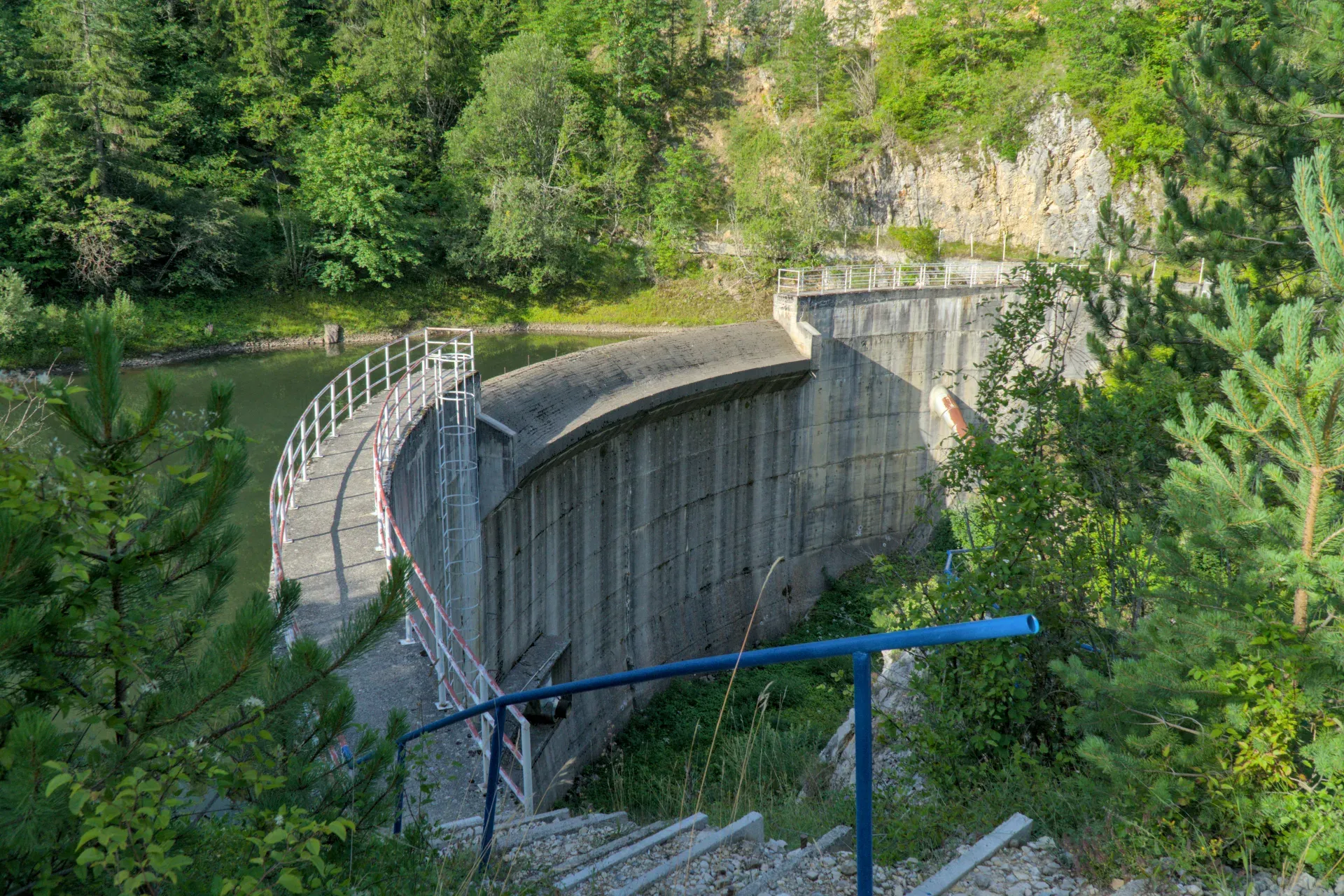 Una diga di cemento al Lago Spajići, Parco Nazionale di Tara, Serbia, circondata da lussureggianti alberi verdi e acqua.