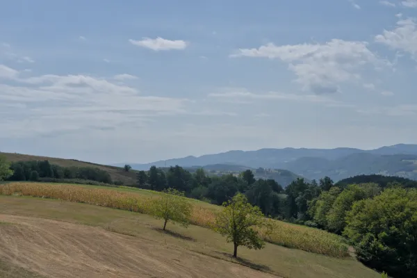 Paysage serbe avec montagnes, collines et prairies en route vers le parc national de Tara.