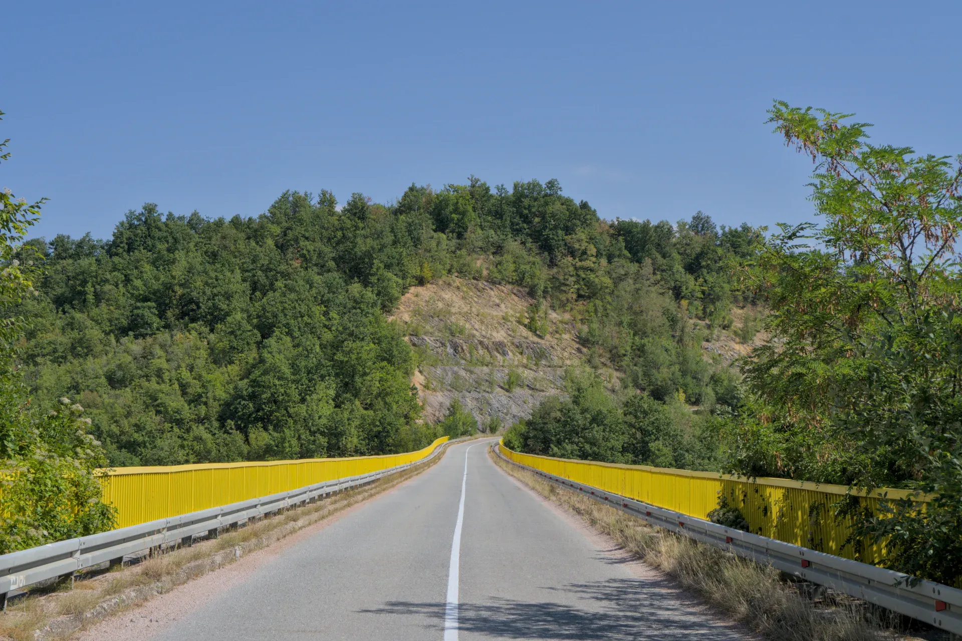 Un distintivo puente amarillo con barandillas brillantes en una carretera asfaltada en el Parque Nacional Tara, Serbia, rodeado de árboles verdes.