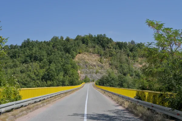 Un distintivo puente amarillo con barandillas brillantes en una carretera asfaltada en el Parque Nacional Tara, Serbia, rodeado de árboles verdes.