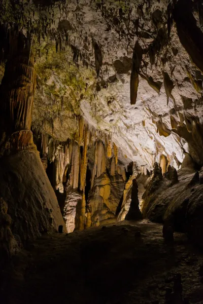 Detailreiche Stalaktiten und Stalagmiten in der Postojna Höhle, einem magischen unterirdischen Reich.