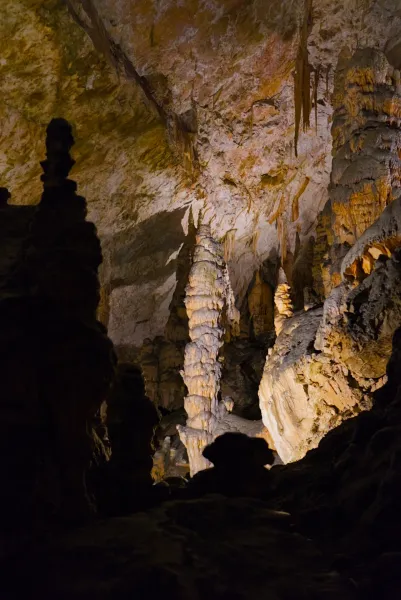 Detailreiche Stalagmiten und Stalaktiten in der geheimnisvollen Postojna Höhle, Slowenien.