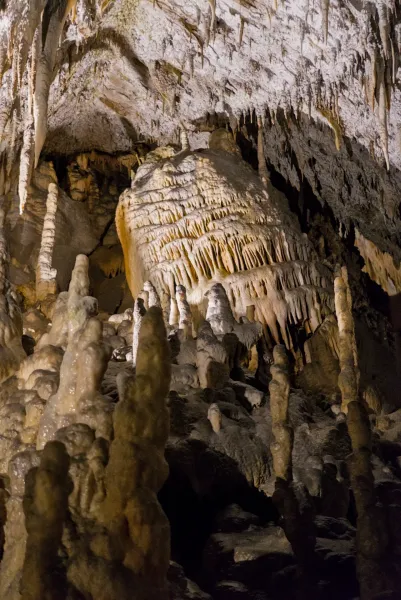 Detailaufnahme von Stalaktiten und Stalagmiten in der Postojna-Höhle, Slowenien.