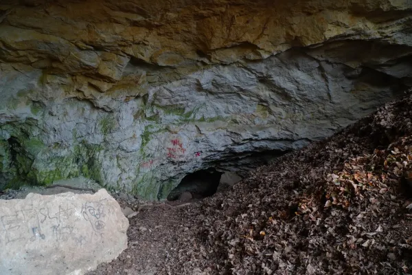 Die пещера около монастыря Старо Хопово, eine Höhle bei Novi Sad, Serbien, mit bemoosten Felswänden und Laub.