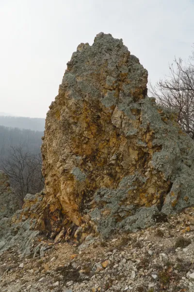 Felsformation der Orlov Steine in der Fruska Gora im späten Winter, mit Bäumen im Hintergrund.