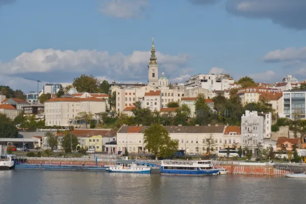 View of Belgrade, Serbia, with the Church of the Archangel Michael and Brankov Bridge, Danube River