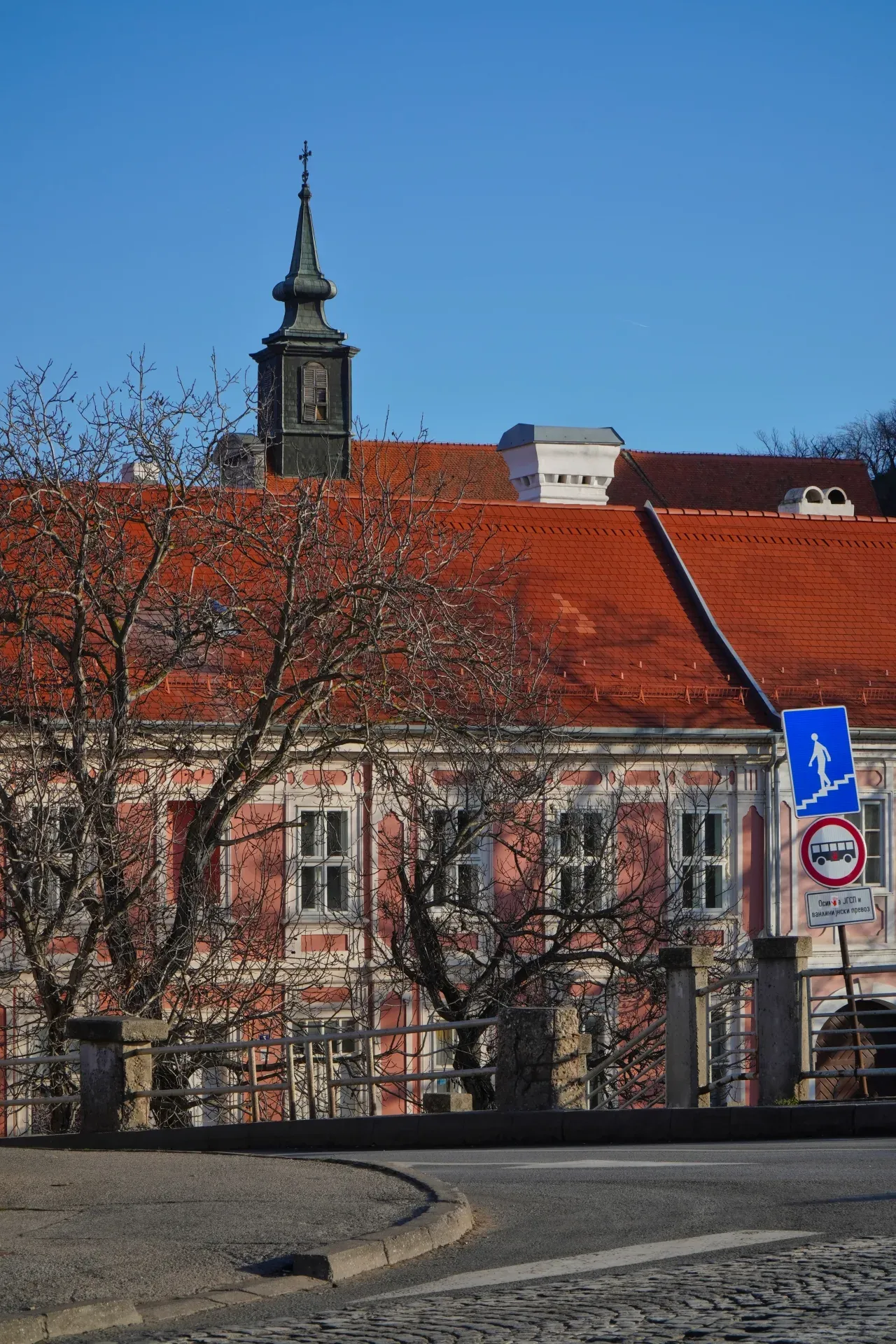 View of St. George's Church in Petrovaradin from the Varadin Bridge, Serbia.
