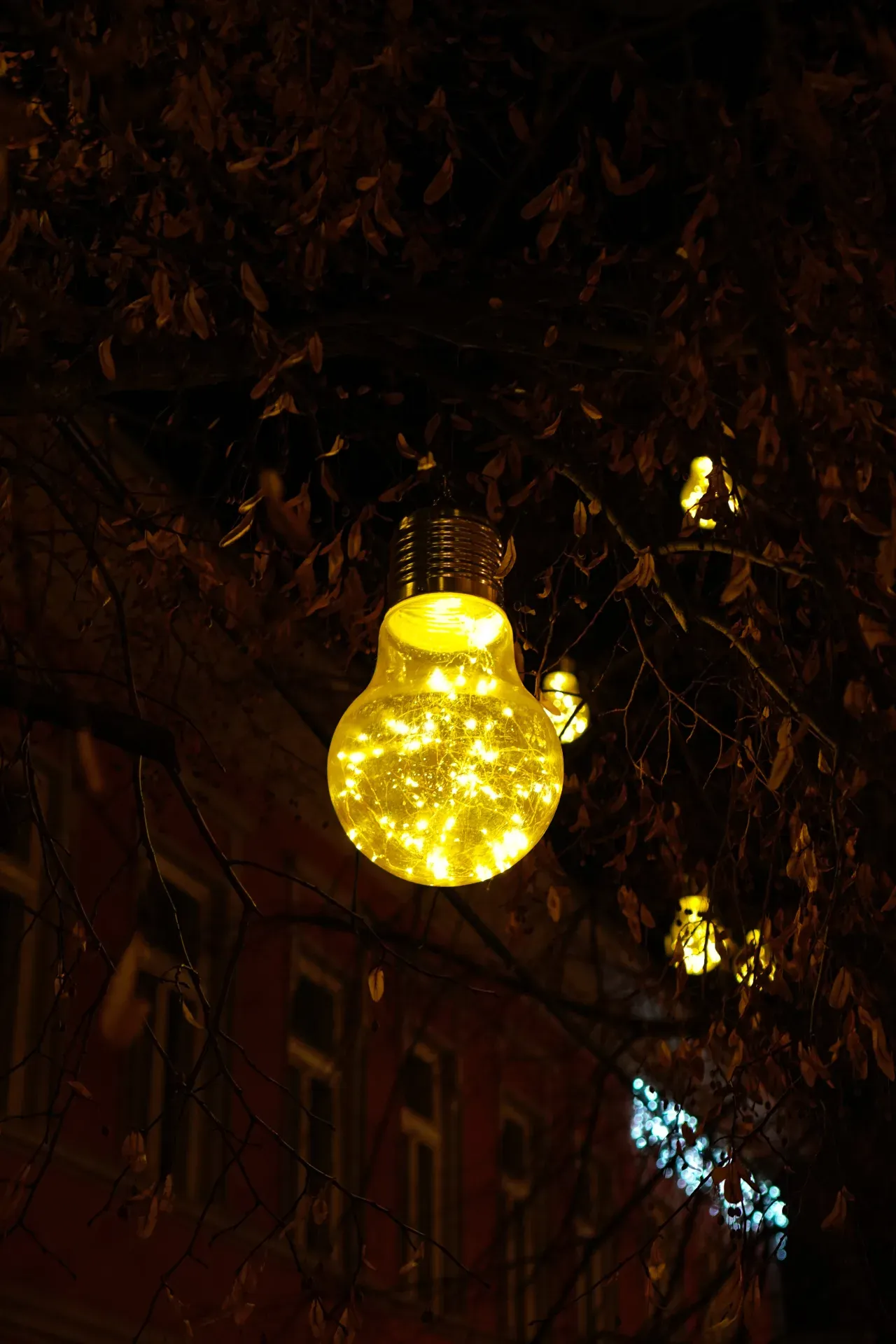 Illumination de Noël en forme d'ampoule avec des lumières chaudes dans la rue Jovana Jovanovića Zmaja à Novi Sad.
