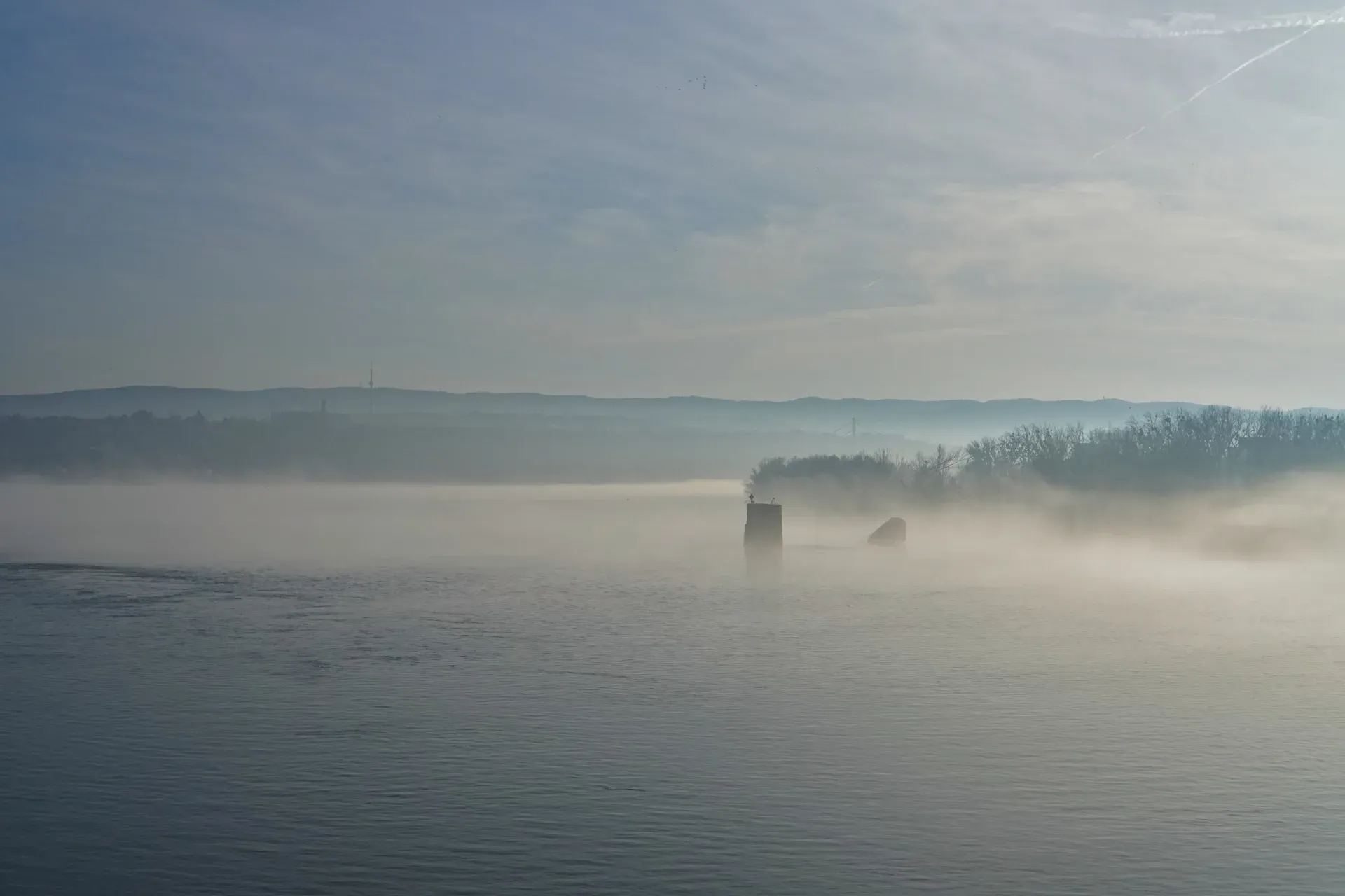 Thick fog over the Danube, view from the Varadin Bridge, Serbia.