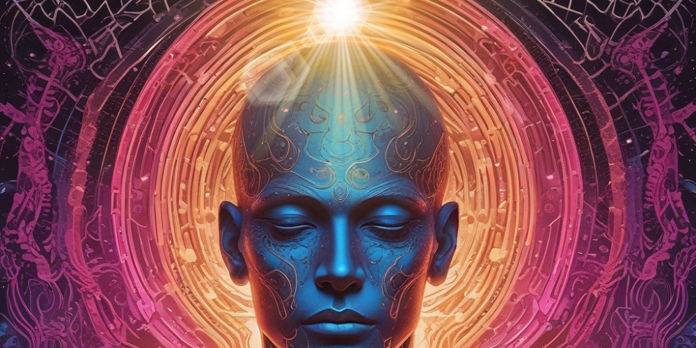 blauer Menschenkopf mit Lichtstrahl am Kronenchakra.