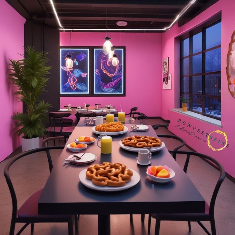 Tisch mit Stühlen und feinen Brezen darauf.