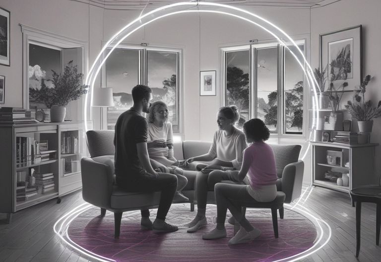 Vier Personen sitzen im Wohnzimmer auf Stühlen und einem Sofa in einem Kreis und unterhalten sich, umgeben von einem leuchtenden Kreissegment.