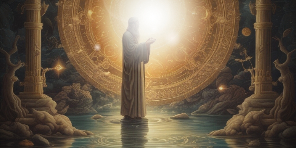 Weiser alter Mann steht vor goldenem Kreis mit viel Licht.