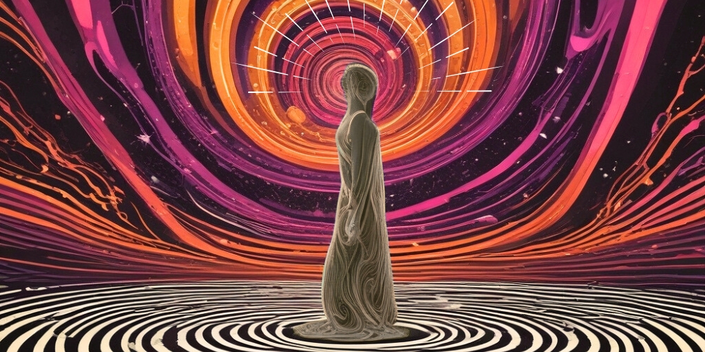 Ein Wesen steht im schwarz weißen Kreis, umgeben von pink und orangefarbenen Hypnosekreisen.