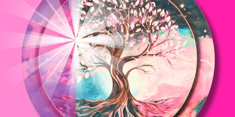 Lebensbaum in pink braun mit Lichtkrone.