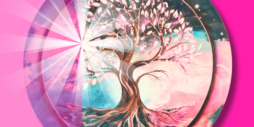 Lebensbaum in pink braun mit Lichtkrone.