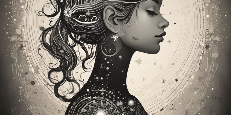 Seitenporträt einer Frau mit geschlossenen Augen, deren Hals und Schulter mit Sternen und astronomischen Mustern bedeckt sind, umgeben von kreisförmigen Linien im Hintergrund.