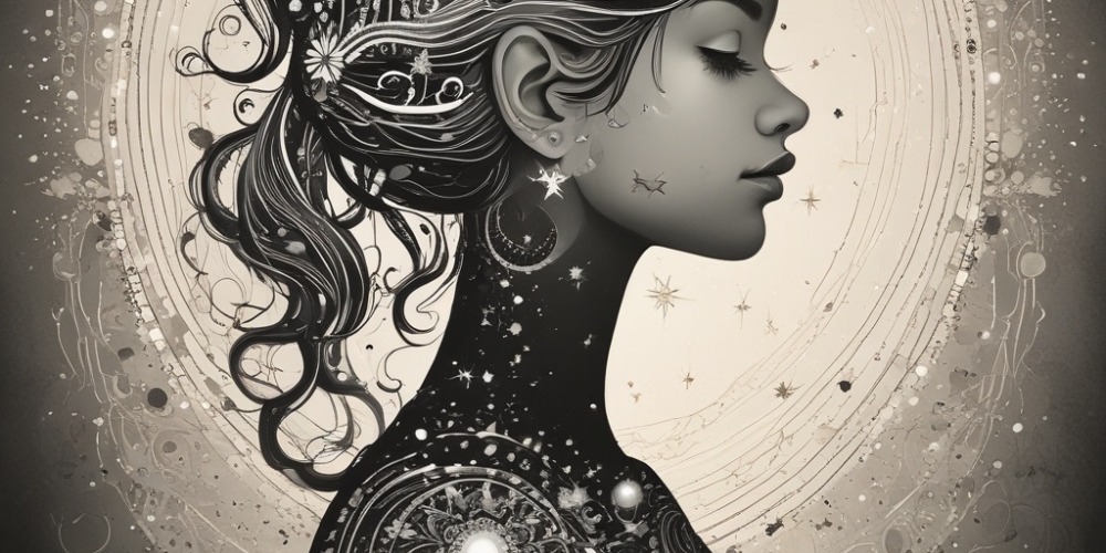 Seitenporträt einer Frau mit geschlossenen Augen, deren Hals und Schulter mit Sternen und astronomischen Mustern bedeckt sind, umgeben von kreisförmigen Linien im Hintergrund.